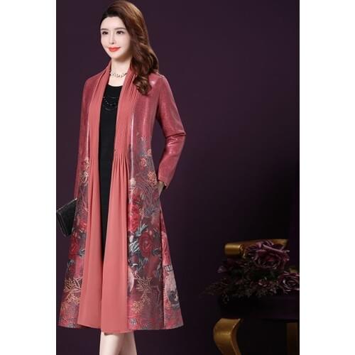 Spring Fall Vintage 4xl Red Grey Floral Pattern Patchwork Cardigan Trench Coat for Women , Womens Long Windbreaker Coats
