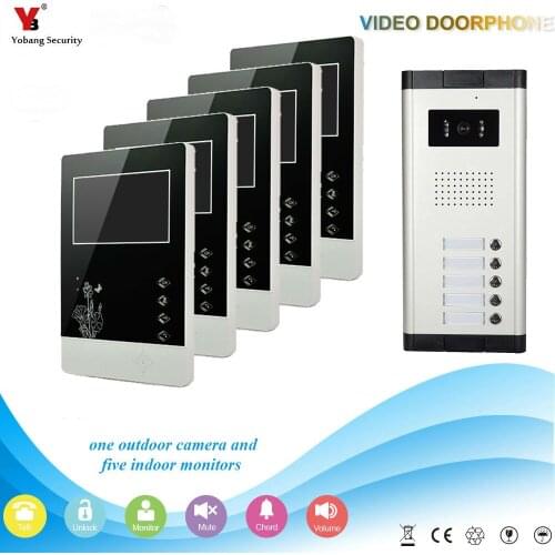 Yobang Security 4.3 inch Apartments of 5 Units Kit Video Door Phone Video Intercom Entrance Doorbell phone Night Vision camera