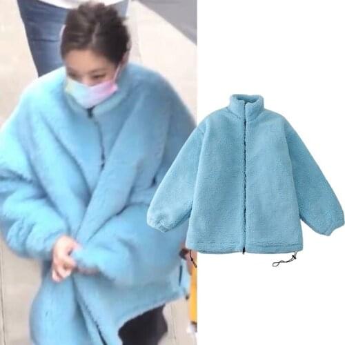 Kpop Korean Celebrity Winter New Warm Zipper Long Sleeved Cashmere Jackets Women Streetwear Loose Thicken Stand collar Outerwear