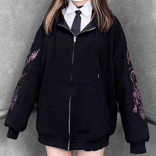 Streetwear Harajuku Zip Up Hoodies Women Punk Goth Long Sleeve Printed Sweatshirt Autumn Oversized Black Female Hoodie Jacket