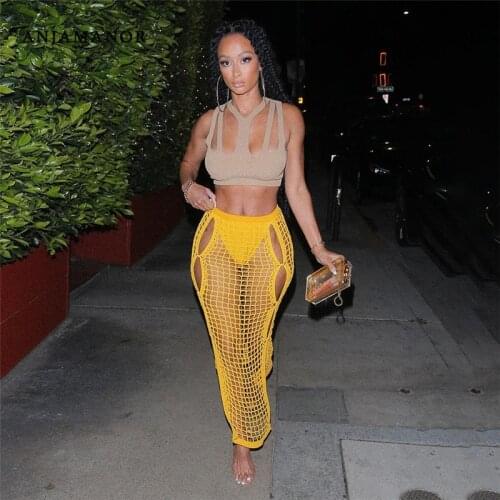 ANJAMANOR Sexy Crochet Knitted Long Skirts Summer Vacation Outfits Beach Club Wear Hollow Out Split Maxi Skirt Yellow D83-DC17