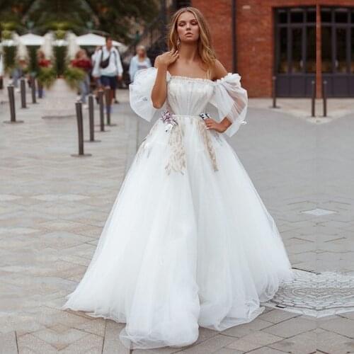 Puffy Sleeve Sweep Train Strapless Princess Off the Shoulder A-Line Tulle Wedding Gown Bride Dress vestidos de novia