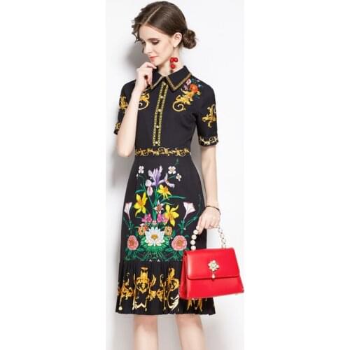 Fashion Autumn Vintage Mermaid Pleated Dress Women Short Sleeve Embroidery Floral Print Bead Elegant Party Runway Vestidos k9230