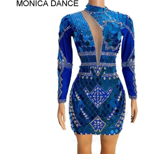 Women Sexy Flashing Silver Sequin Short Mesh Blue Dress Birthday Celebrate Spandex Mirror Outfit Prom Party Bar Dancer Dress