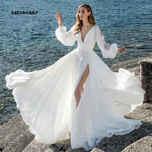 Beach White Chiffon Wedding Dresses 2020 Long Puffy Sleeve V-Neck High Slit Bridal Gowns Open Back Vestido De Novia Undefined