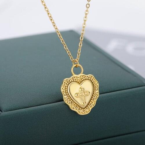 Vintage Heart Cross Necklace For Women Choker Gold Stainless Steel Double Heart Bead Necklaces Love Jewlery Friends Gift Collar