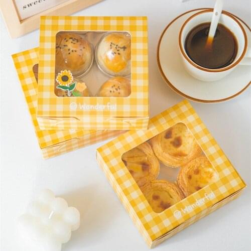 10pcs Net red yellow grid disposable packaging boxes open clear window paper gift box cakecup egg tart cookies pastry decor box