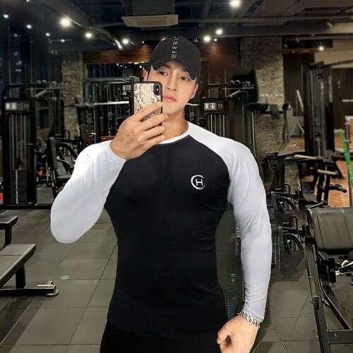 2020 Autumn Mens Slim Fitness Patchwork T Shirt Bodybuilding Breathable Elasticity Fitness Gym Compression Long Sleeve T Shirt