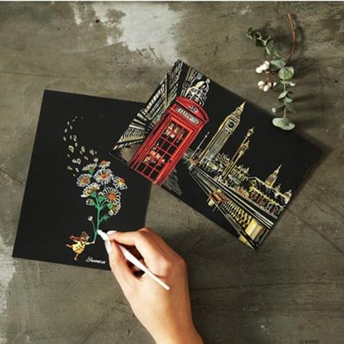 4 Sheets/lot Vintage Scraping Paint Scratch Night View Postcards Drawing View Fireworks Oil Painting Postcard Accessories