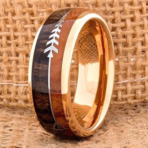 8MM Men Fashion Ring Rose Gold Tungsten Carbide Wood Inlaid Arrow Engagement Band Wedding Jewelry Gift For Men Accessories
