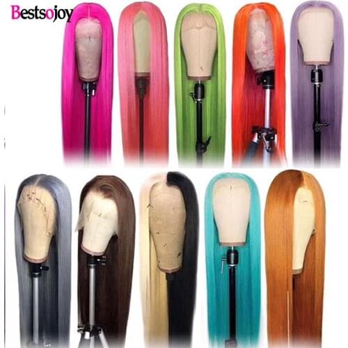 Bestsojoy Green Straight Yellow Lace Front Wig Pink Red Light Bule Purple Ombre Colored Human Hair Wigs For Black Women Full