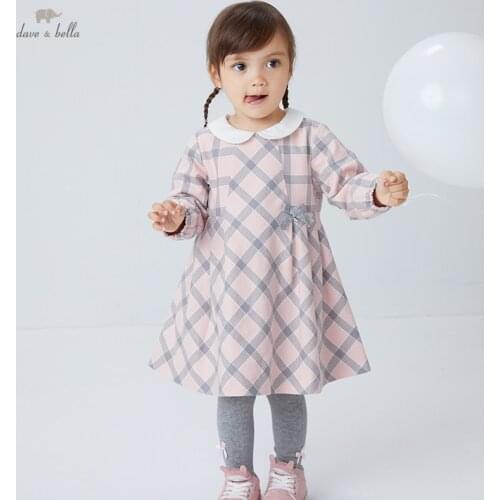 DB18666 dave bella autumn baby girls cute bow plaid print dress children fashion party dress kids infant lolita clothes