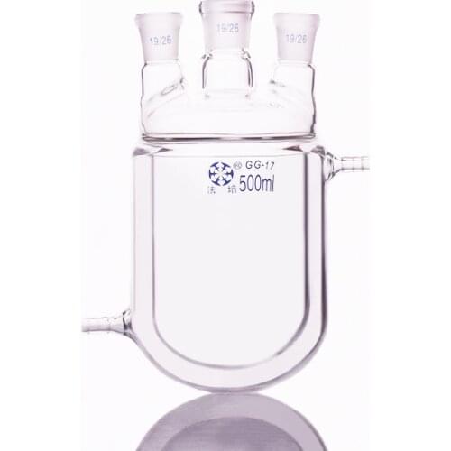 Double-deck cylindrical three straight necks round bottom flask,Capacity 500ml,Joint 19/26,Mezzanine jacketed reactor bottle