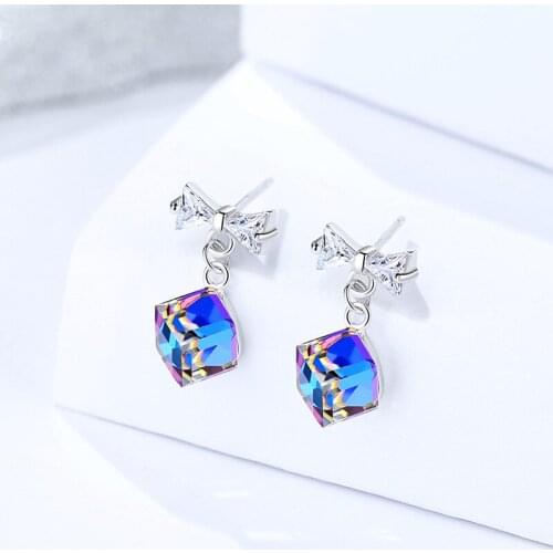 FNJ Hanging Cube Earrings 925 Silver Jewelry Original Pure S925 Sterling Silver Stud Earring for Women Cubic Zircon