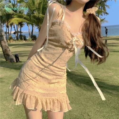 Korean Fashion Bandage Dress Summer Skirt Cute Wenswear Mini Dress Aesthetic Harajuku Fairy Sexy Dress Cottagecore