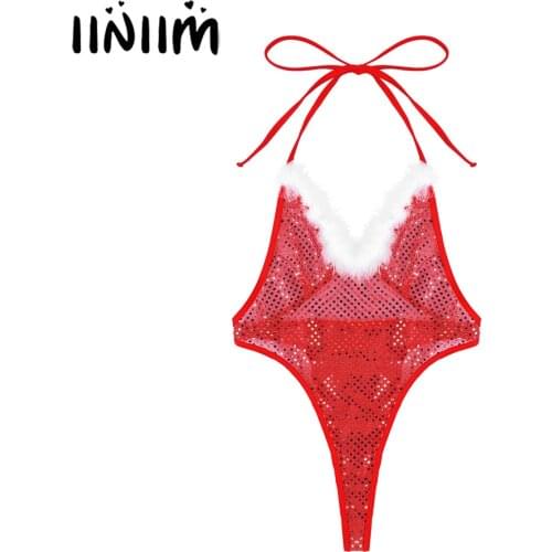 Red Sexy Teddies Womens Sequins Feather Trim Open Back High Cut Bodysuit Christmas Santa Sissy Exotic Lingerie Costumes Clubwear