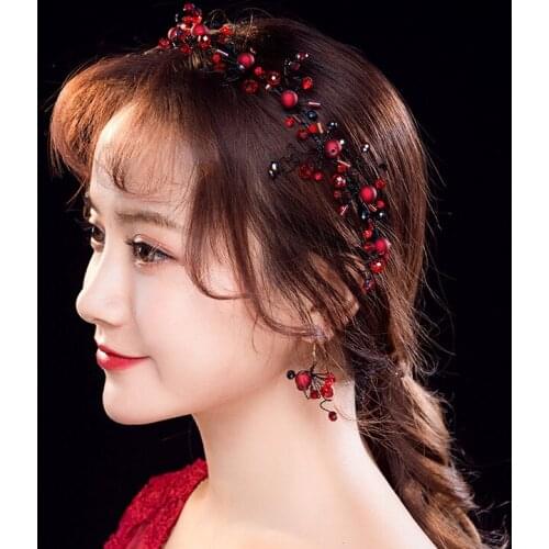 Red Crystal Beads Hairband &earring set Wedding Hair Jewelry Bridal Hairwear Handmade Flower Headband For Bride Baroque Jewelry