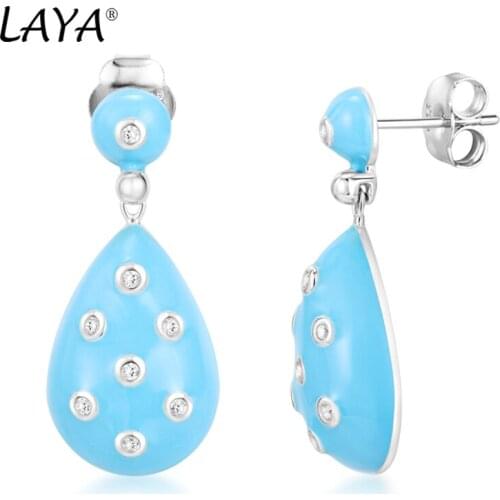 Laya Silver Earrings For Women Pure 925 Sterling Silver Shiny White Cubic Zirconia Drop Earrings серьги Jewelry Handmade Enamel