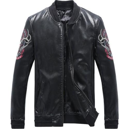 Men leather zipper cardigan baseball motor Jacket plus big size 5XL waterproof PU fur tops clothes stand collar long sleeve coat