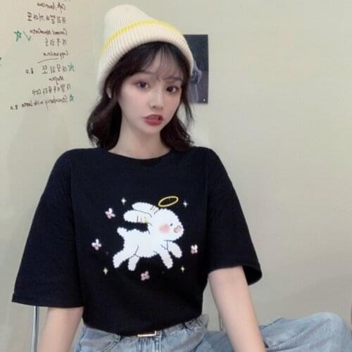 2021 summer new round neck rabbit print cute short-sleeved T-shirt top loose and thin T-shirt