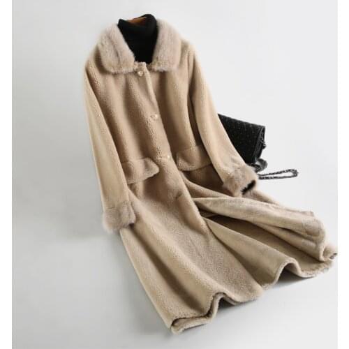 New sheep shearing coat female mink collar long wool fur one grain fleece fur coat winter