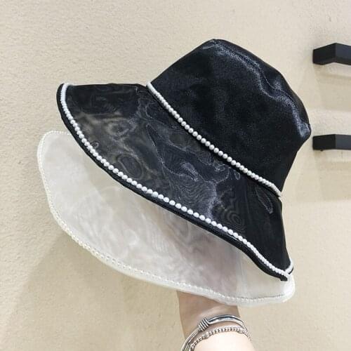 Summer Pearl Net Yarn Bucket Hats For Women Shading Outdoor Sun Hat Lady Elegant Fisherman Hats Fashion Silk Satin Panama