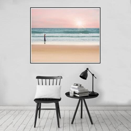 Girl Walking Beach Sea Poster Canvas Print Painting Wall Art Living Room Home Decoration