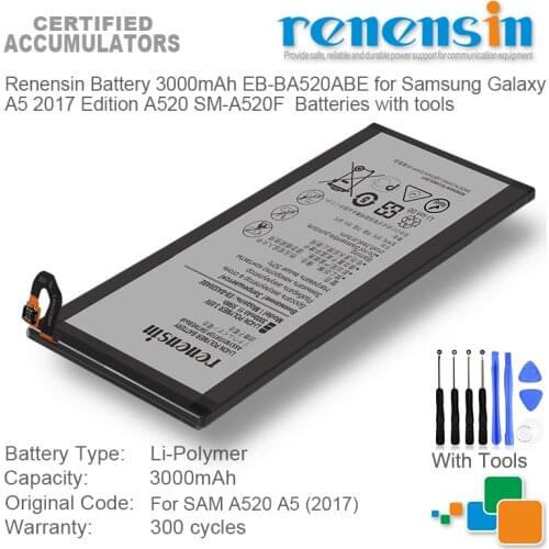 Renensin Battery 3000mAh EB-BA520ABE for Samsung Galaxy A5 2017 Edition A520 SM-A520F Batteries with tools