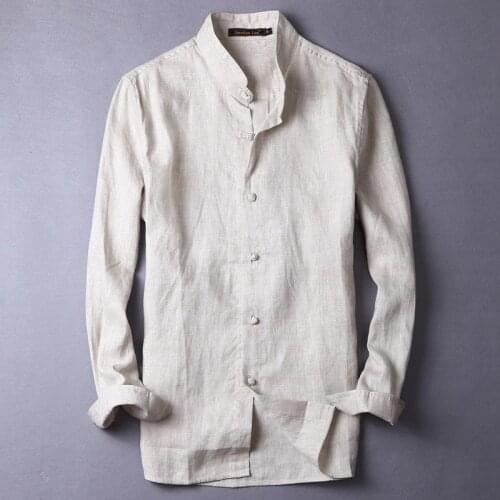 100% Pure Linen Long Sleeve New Mens Shirt flax Chinese style retro plate buckle fashion linen shirt men brand casual camisa