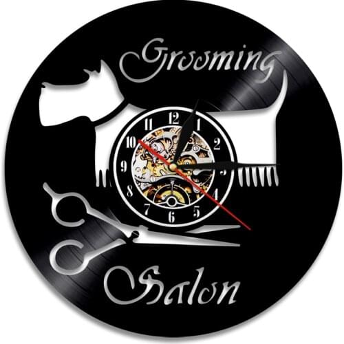 Dog Grooming Salon Art Wall Decoration For Pet Baber Shop Vintage Vinyl Record Wall Clock With Colorful LED Lighting