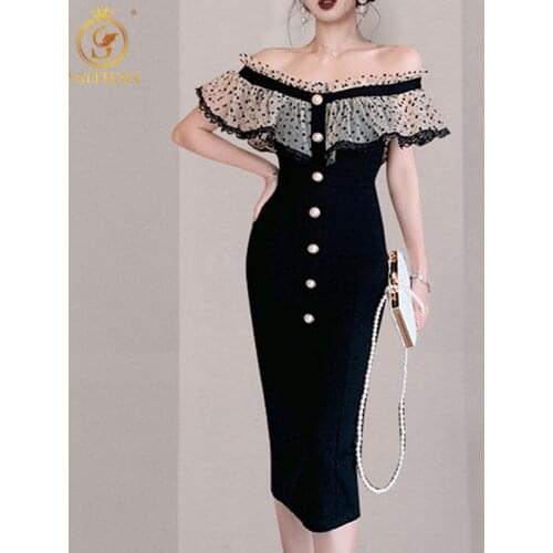 SMTHMA 2021 Fashion Summer Sexy Off Shoulder Party Dress Robe Women Ruffle Black Dot Lace Patchwork Dress Vestidos