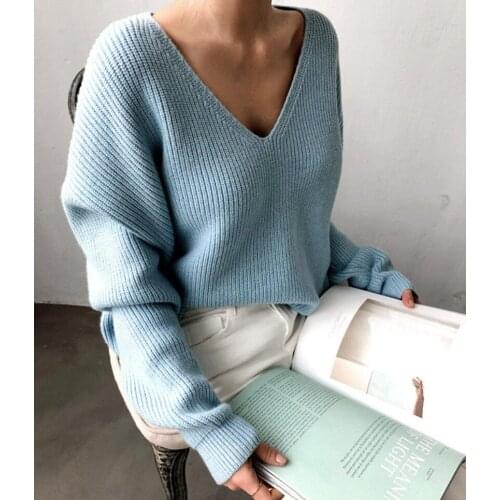 Womens Oversize Sweater Knitted Autumn Winter V Neck Blue Thick Knit Jumper 2021 Ladies Chic Irregular Warm Sweaters Top