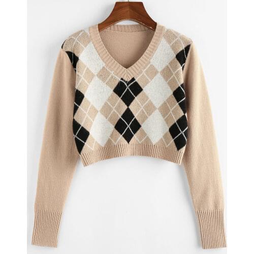 Womens sweater Argyle Knitted Crop Top Sweater Women V-Neck Long Sleeve Pullovers Casual Short Outwear Sweater Top Loose