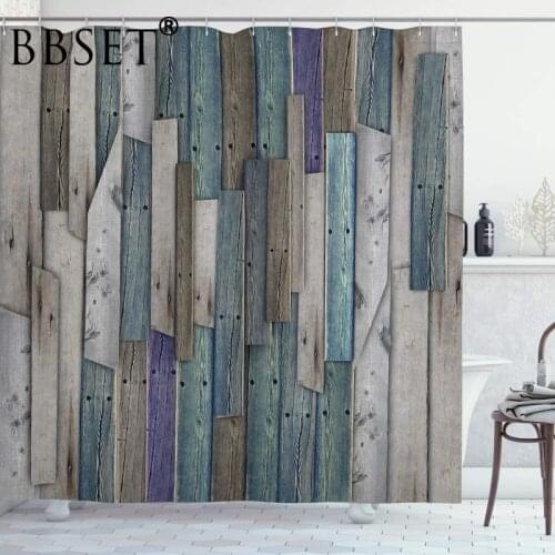 Rustic Country Life Theme Shower Curtain Blue Grey Wood Planks Pattern Waterproof Multi-size Douchegordijn Bathroom Decor
