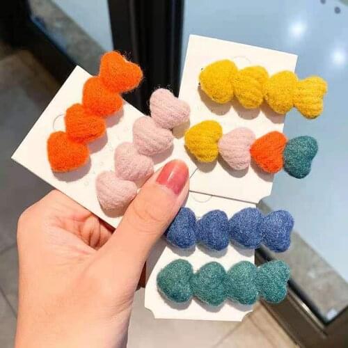 Kpop Sweet Colorful Plush Heart Hairpin for Women Cute Bangs Side Clip Duckbill Winter Hair Accessories Girls Gifts New 2021