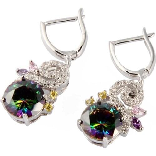 Fleure Esme Engagement Wedding flowers long earrings for women Pink Purple Rainbow Cubic Zirconia Rhodium Plated R539 R542 R709G