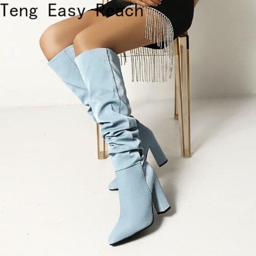 Women Knee High Boots Sexy Pleated Pointed Toe Ladies Square High Heel Boots Special Fabric Boots Band Design Night Club Boots