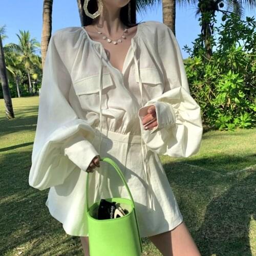 2021 New Beige Lantern Sleeve Long Sleeve Lace Up High Jumpsuit Loose Shorts Women Summer Jumpsuits combishort femme chic