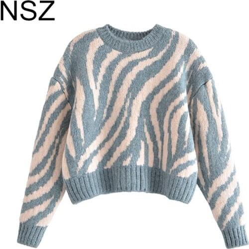 NSZ Women Animal Print Zebra Oversized Sweater Long Sleeve Large Size Crop Top Knit Pullover Jumper Basic Jersey Autumn 2021
