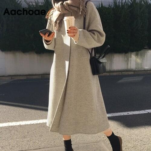 Aachoae Women Autumn Winter Long Wool Coat With Belt Turn Down Collar Long Sleeve Big Pocket Loose Outerwear Female Elegant Coat
