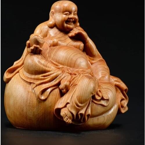 7CM Bag Laugh Buddha Wood Bouddha Statue Sculpture Buddha Ornaments Wood Carvings Crafts Figurine Gift Home Decoration Miniature