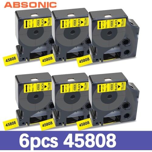 Absonic 6PK 45808 Black on Yellow Compatible Dymo D1 19mm Label Tape for DYMO Label Maker LabelManager 420P 350 Rhino 5200 4200