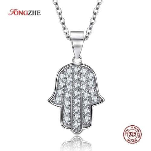 TONGZHE Long 925 Sterling Silver Jewelry Hand of Hamsa Pendant Necklace CZ Good Luck Necklace Hand Of Fatima Necklace Women