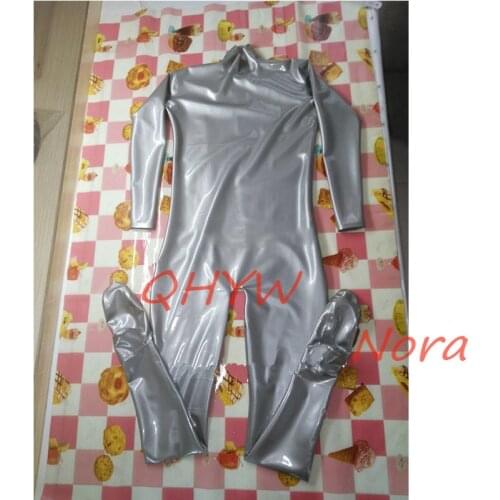 Sexy Mens Silver Neck Entry Full Body Latex Rubber Gummi Catsuit Stretching Custom Made