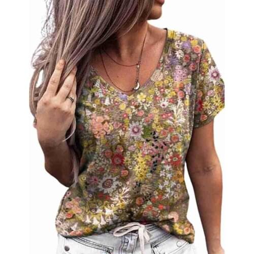 Summer Women Casual Short Sleeve Vintage Flower Printed Top T-shirt Fashion T-Shirts Top V-Neck Womens Oversized T-shirt C W7B2