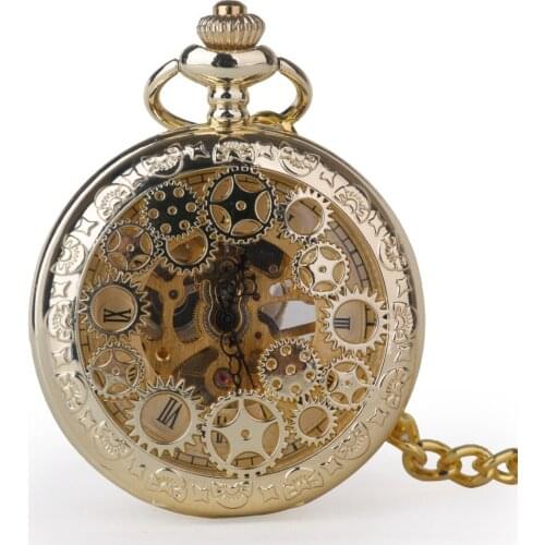 Gears Hollow Golden Mechanical Pocket Watch Vintage Steampunk Hand Wind Skeleton Necklace Clock Men Womens Gifts With Chain