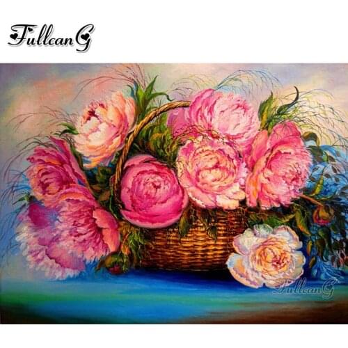 FULLCANG Pink peony flowers 5d diy diamond painting cross stitch full rhinestone embroidery flower basket wall decoration FG0240