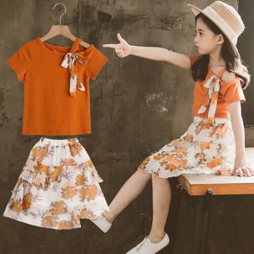 Summer Girls' Suit 2021 ChildrenS Clothing Fashionable Korean Little Girl Personalized Short Sleeve + Cake Mesh Skirt 2Pcs Suit