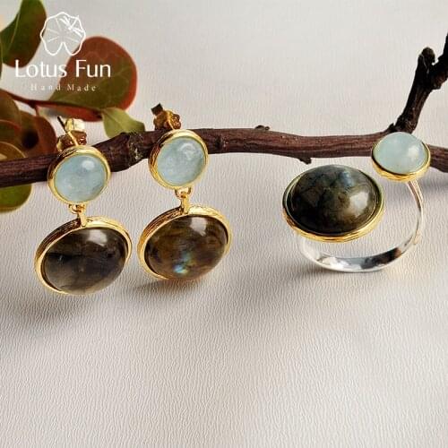 Lotus Fun Real 925 Sterling Silver Natural Labradorite Handmade Fine Jewelry Mysterious Lake Jewelry Set for Women Brincos