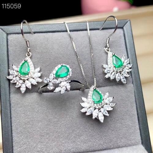 Best Polular Natural Real Emerald Set 925 Sterling Silver 1pc Emerald Ring,2pcs Emerald Earring,1pc Emerald Pendant